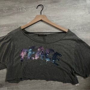Trendy Gray Cosmic Print “Peace” Crop Top